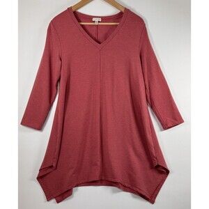 Garnet Hill Tunic Top Womens Small‎ Red Tencel V Neck Stretch Handkerchief Hem